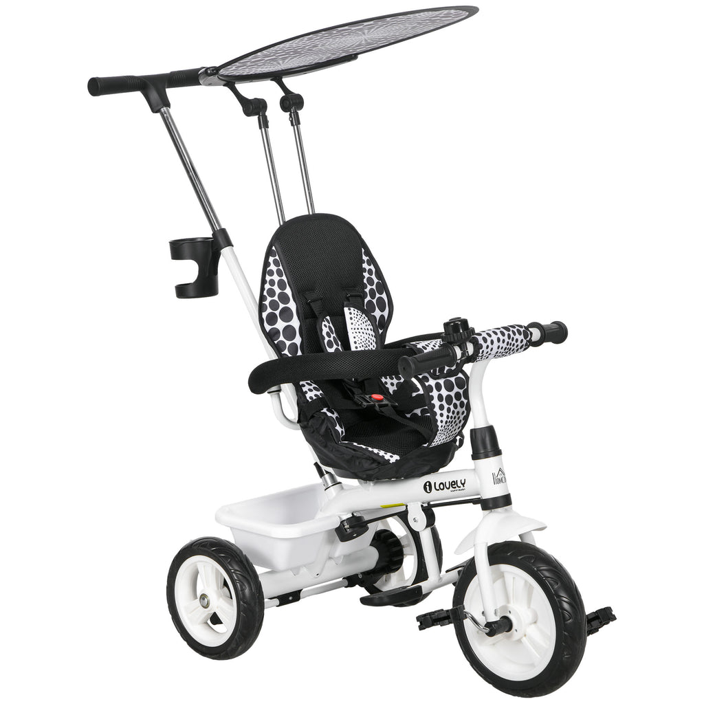 Tricycle Enfant Évolutif Pare-Soleil Pliable avec Canne Amovible et Benne, 105x47x98 cm - Blanc/Noir | Magi Jouets