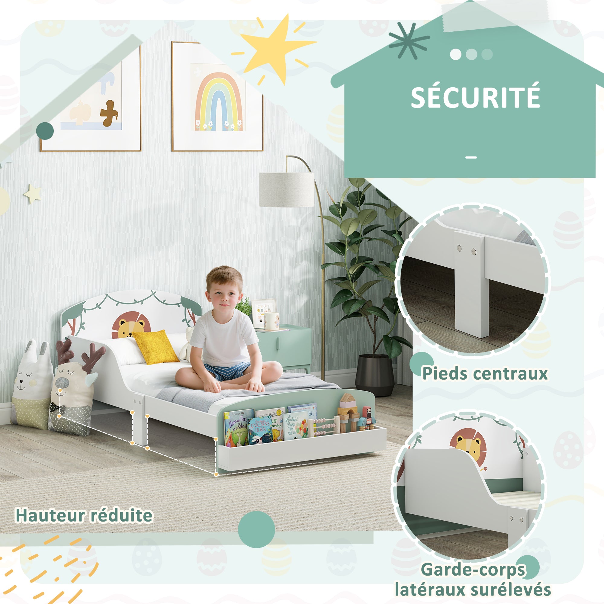 Lit Enfant 70x140 cm avec Barrière de Sécurité, Sommier à Lattes et Rangement - Vert | Magi Jouets