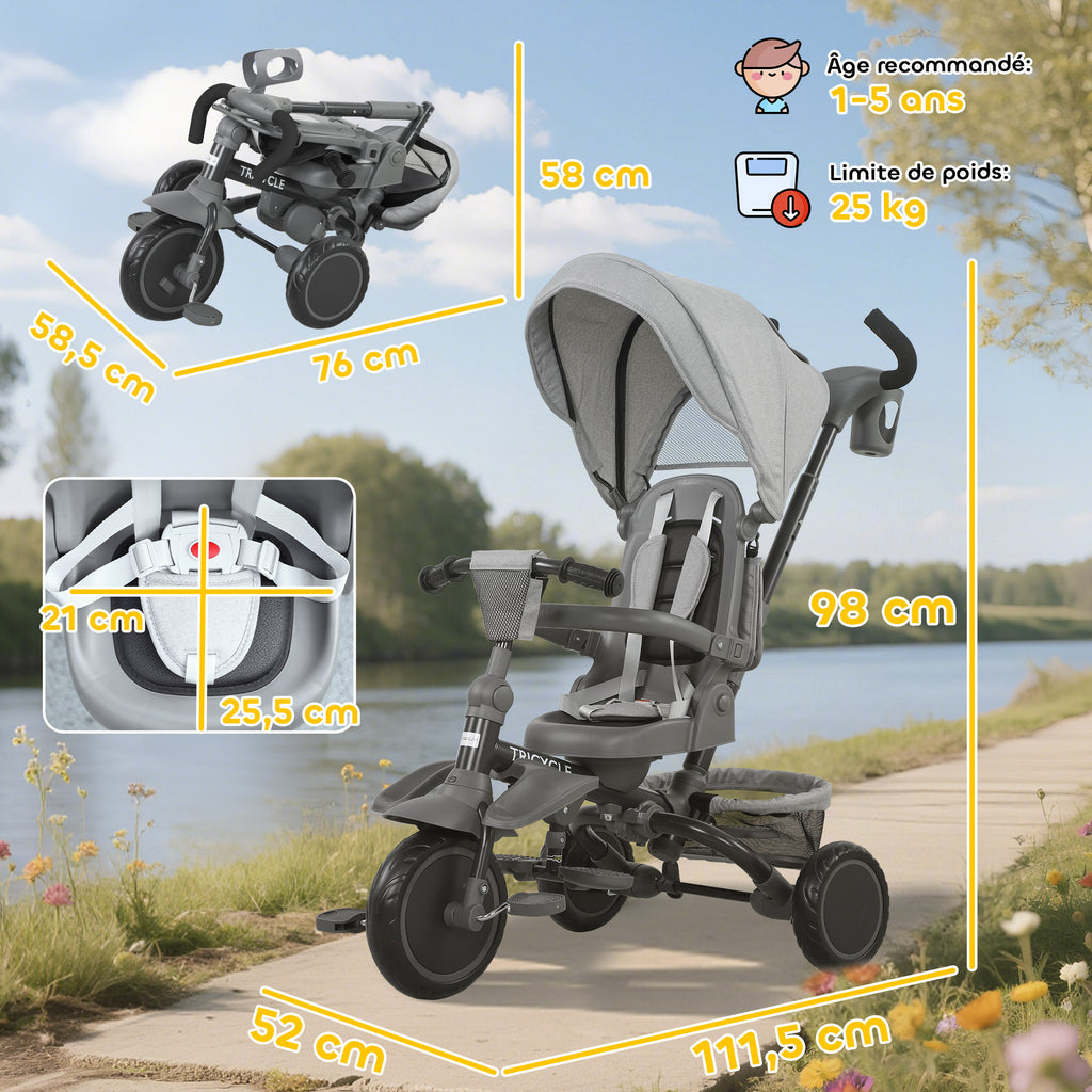 Tricycle Bébé Évolutif 6 en 1 Pliable avec Poignée Parentale et Siège Pivotant 360° - Gris | Magi Jouets