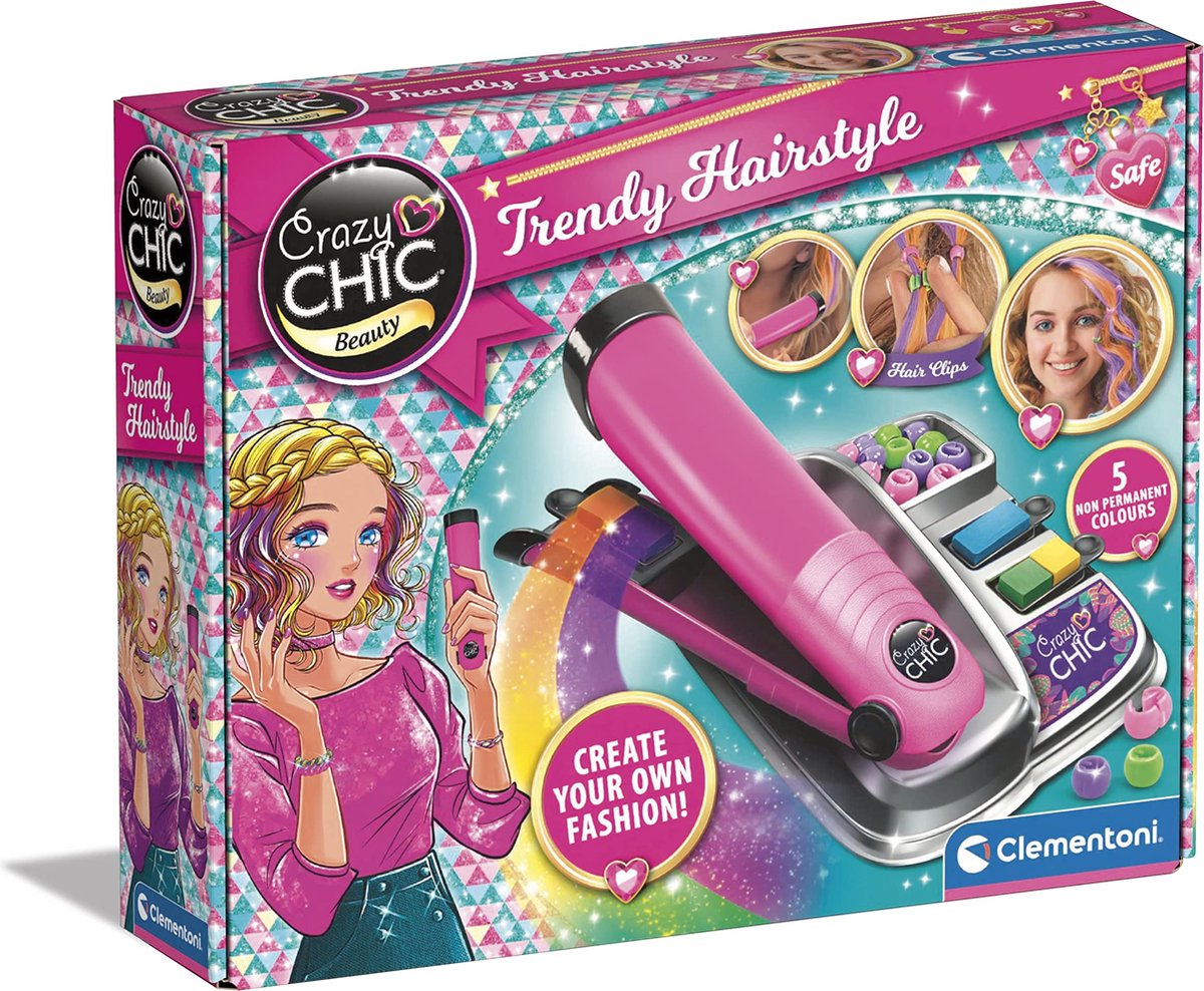 Clementoni Crazy Chic Trendy Hairstyle Hair Dye Kit - Kids Hairstylist Playset | Magi Jouets