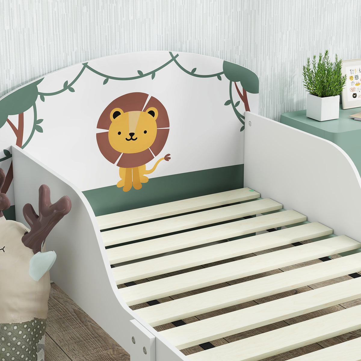 Lit Enfant 70x140 cm avec Barrière de Sécurité, Sommier à Lattes et Rangement - Vert | Magi Jouets