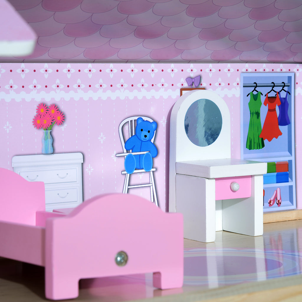 Maison de Poupée en Bois 4 Étages avec 13 Accessoires, 3+ Ans, 60x30x80 cm - Blanc et Rose | Magi Jouets