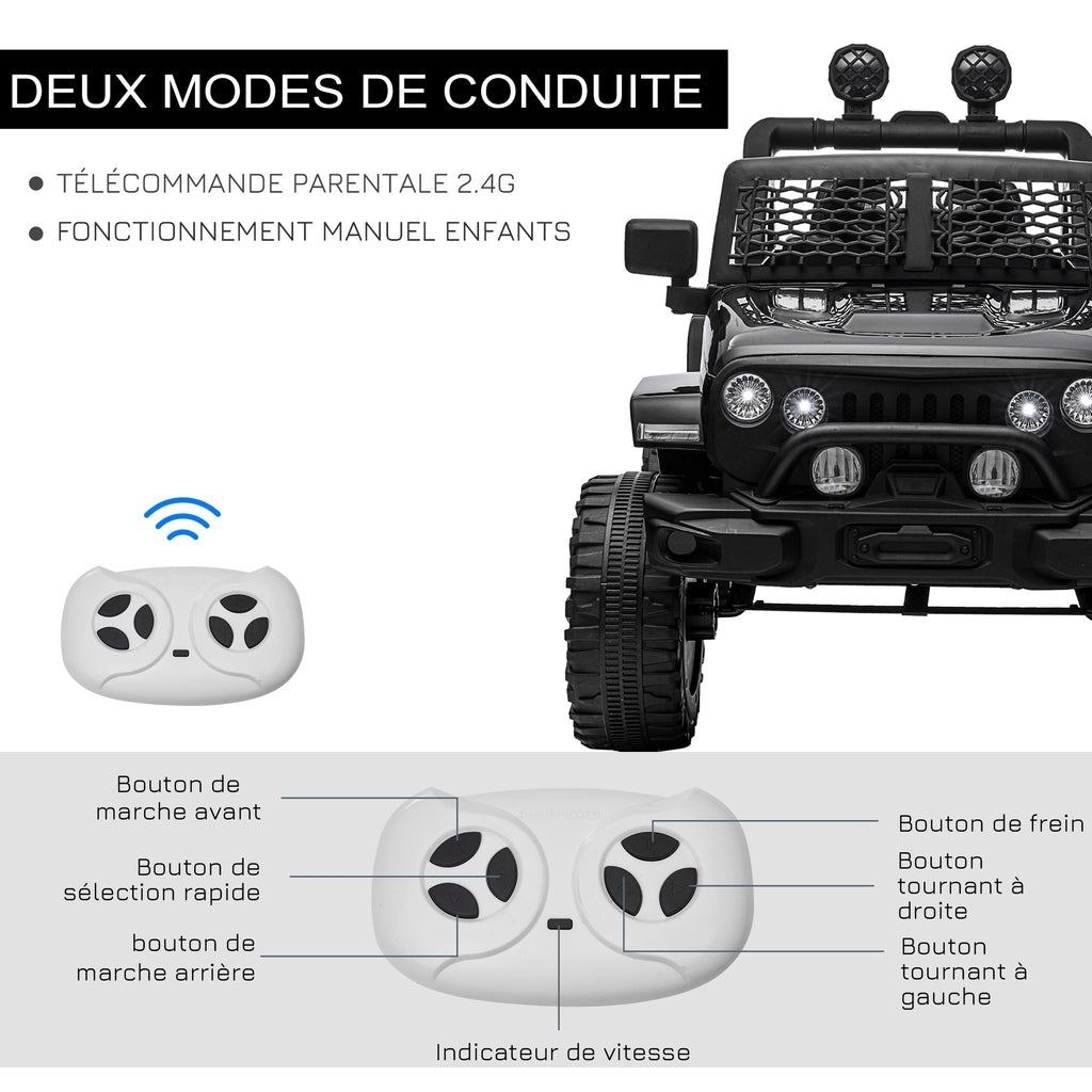 Voiture électrique pour enfants 12V avec télécommande, suspension à 4 roues, phares et klaxon, MP3, vitesse 3-5 km/h, pour 3-6 ans - noir