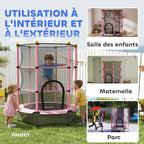 Trampoline Enfant Ø 1,40 × 1,90H m Filet de sécurité Porte zipée Couvre-Ressorts 6 poteaux rembourrés Inclus Rose