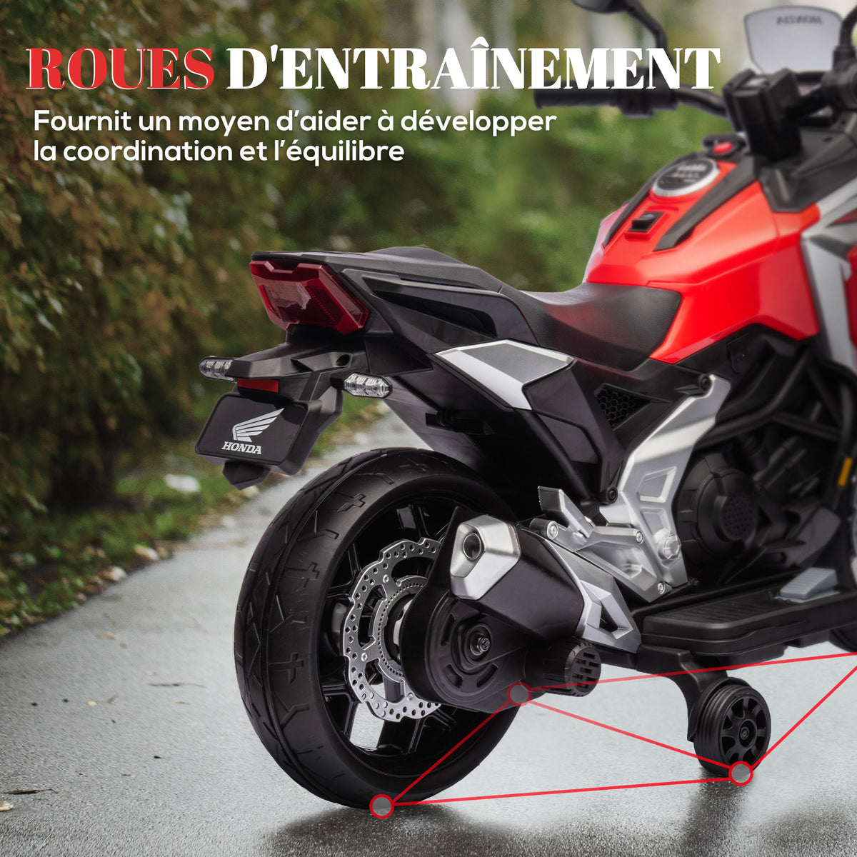 Moto électrique pour enfants 12V moto porteur Honda pour enfants 3 à 6 ans avec musique, phares rouge
