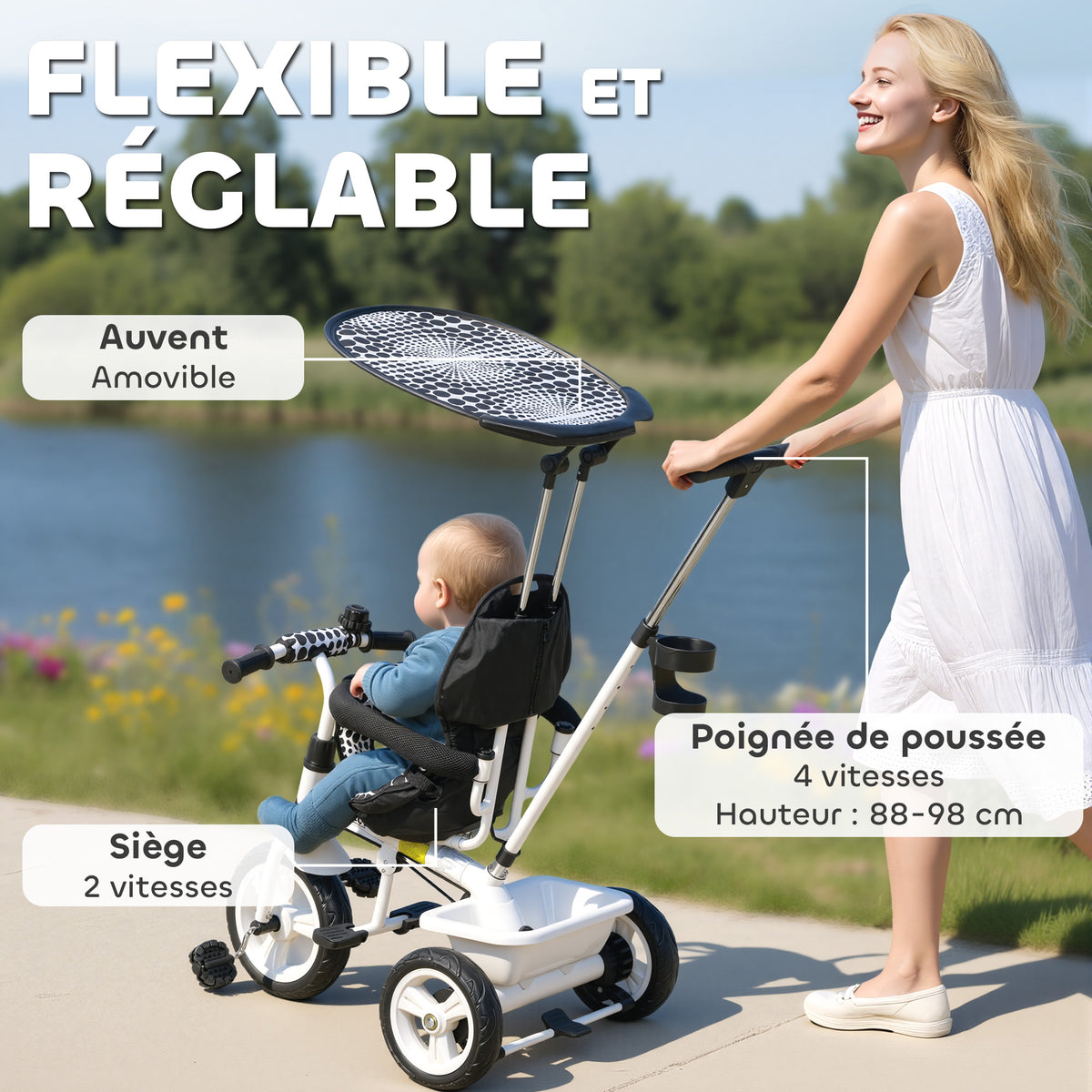 Tricycle Enfant Évolutif Pare-Soleil Pliable avec Canne Amovible et Benne, 105x47x98 cm - Blanc/Noir | Magi Jouets