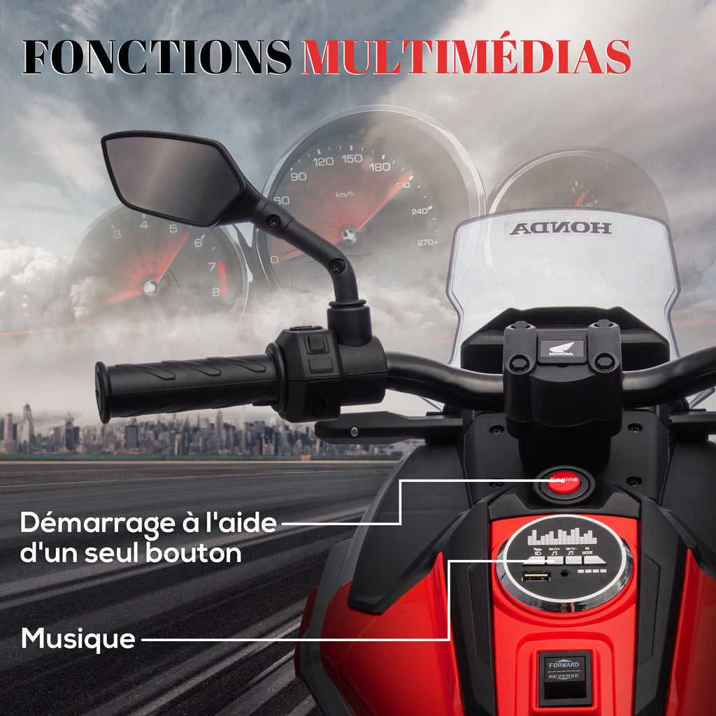 Moto électrique pour enfants 12V moto porteur Honda pour enfants 3 à 6 ans avec musique, phares rouge