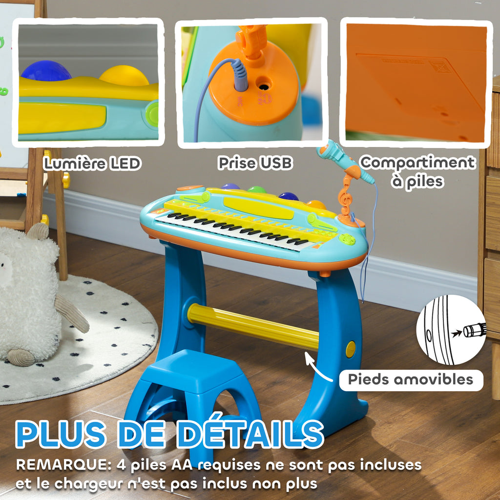 Piano enfant électronique 37 touches, avec micro, tabouret, lumière LED, fonction d'enregistrement et de relecture