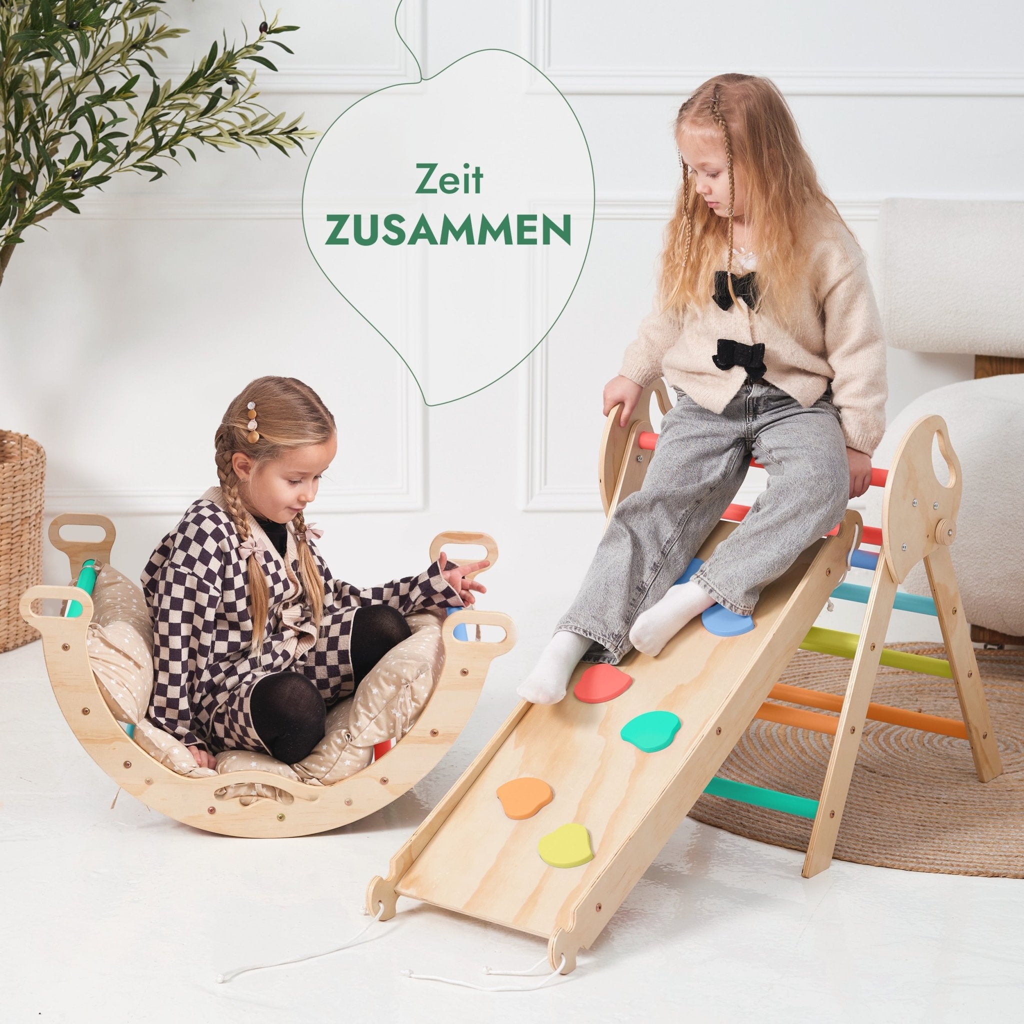 4-in-1 Montessori Kletterset Pikler-Dreieck mit Rutschbrett & Kissen, 1-3 Jahre - Regenbogen | Magi Jouets