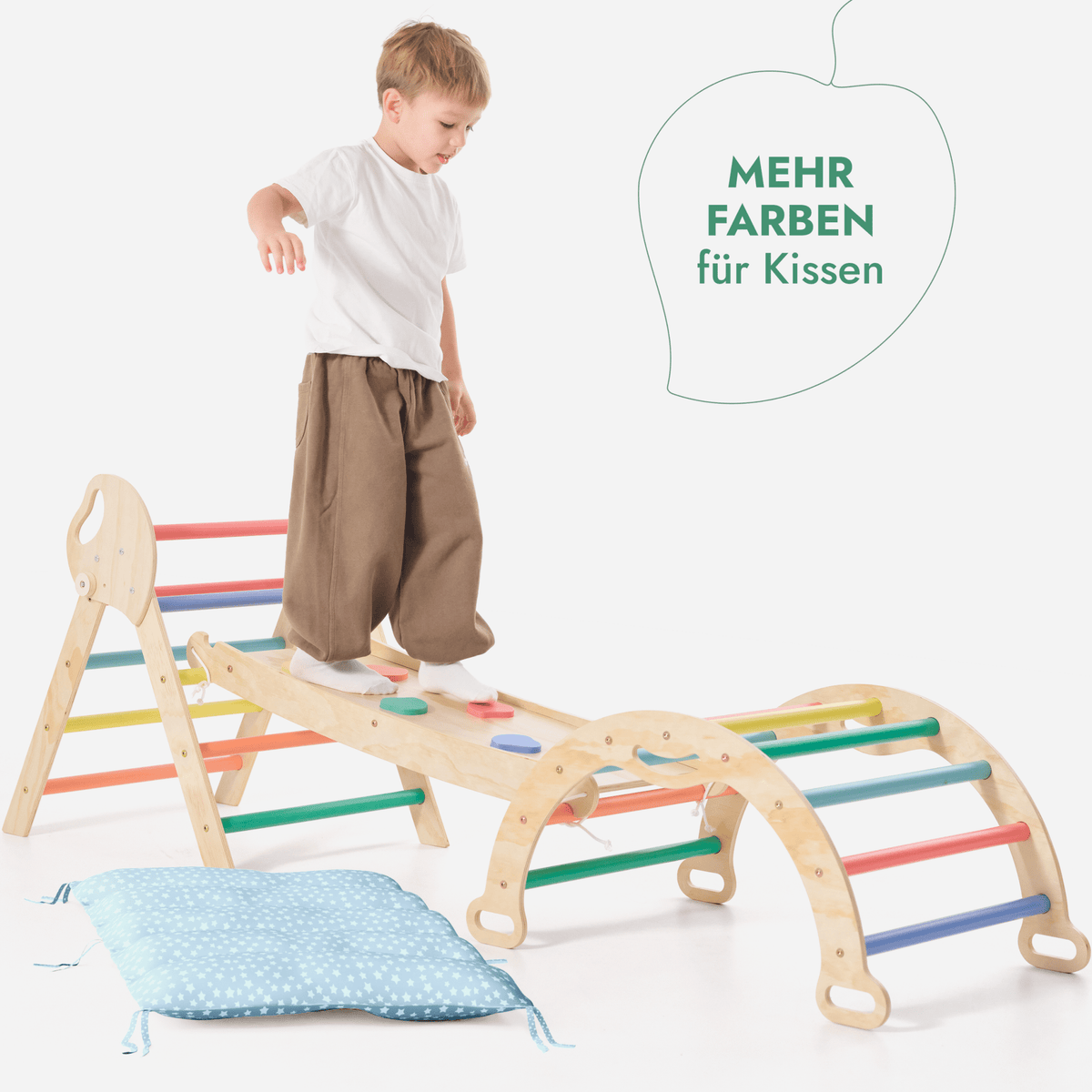 4-in-1 Montessori Kletterset Pikler-Dreieck mit Rutschbrett & Kissen, 1-3 Jahre - Regenbogen | Magi Jouets