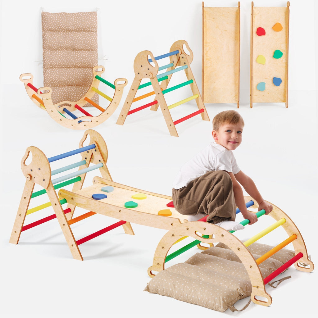 4-in-1 Montessori Kletterset Pikler-Dreieck mit Rutschbrett & Kissen, 1-3 Jahre - Regenbogen | Magi Jouets