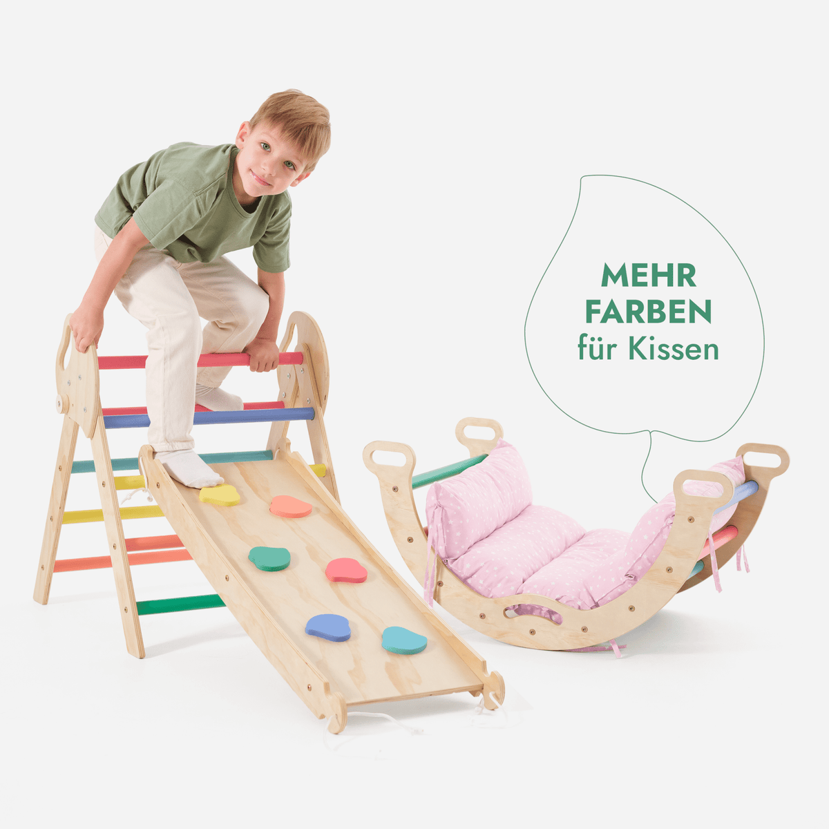 4-in-1 Montessori Kletterset Pikler-Dreieck mit Rutschbrett & Kissen, 1-3 Jahre - Regenbogen | Magi Jouets