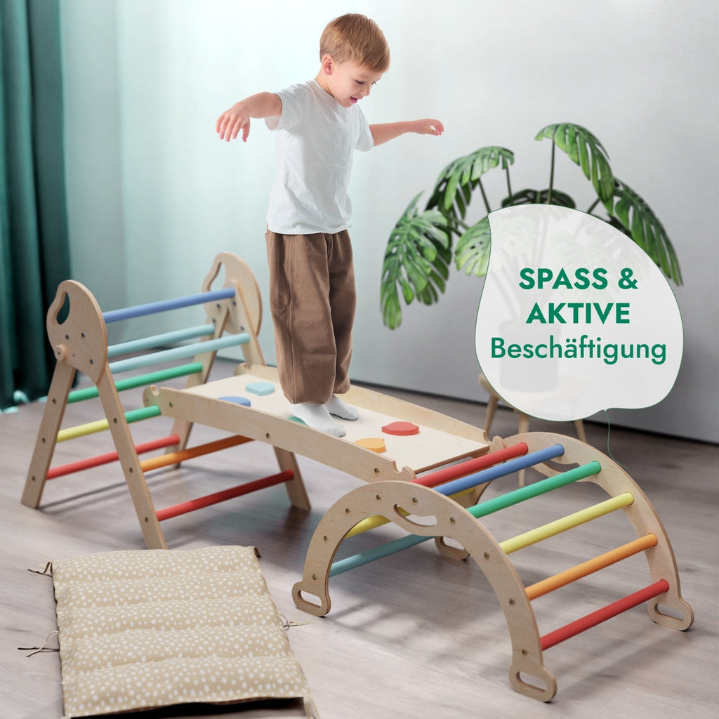 4-in-1 Montessori Kletterset Pikler-Dreieck mit Rutschbrett & Kissen, 1-3 Jahre - Regenbogen | Magi Jouets