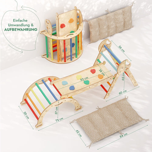 4-in-1 Montessori Kletterset Pikler-Dreieck mit Rutschbrett & Kissen, 1-3 Jahre - Regenbogen | Magi Jouets