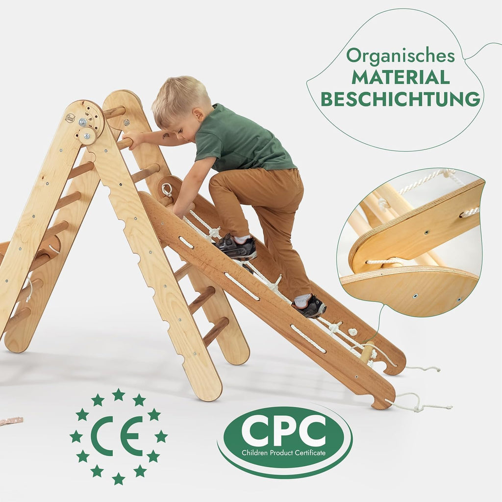 5-in-1 Montessori Klettergerüst Set: Dreieck mit Rutsche, Bogen & Netz, 1-7 Jahre - Beige | Magi Jouets