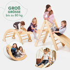 5-in-1 Montessori Klettergerüst Set: Dreieck mit Rutsche, Bogen & Netz, 1-7 Jahre - Beige | Magi Jouets