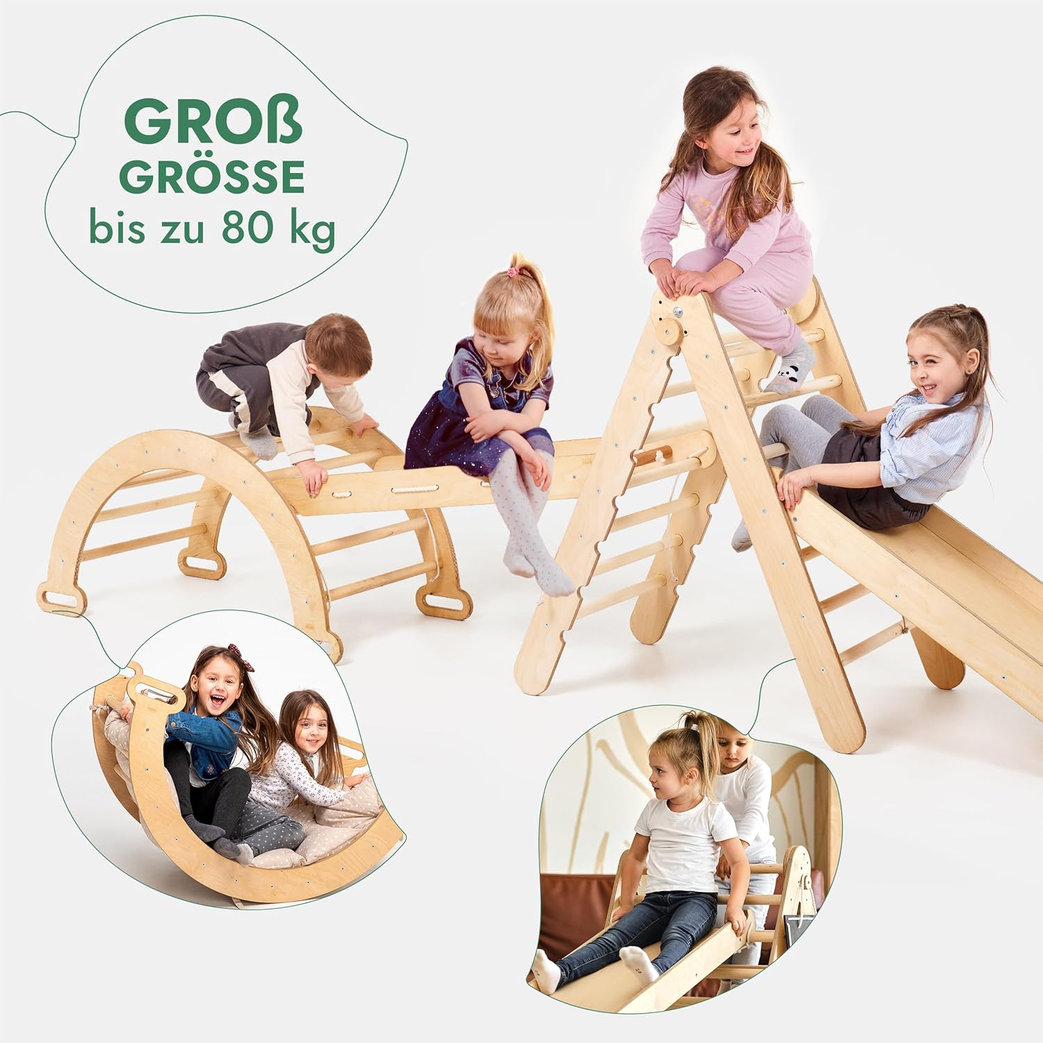 5-in-1 Montessori Klettergerüst Set: Dreieck mit Rutsche, Bogen & Netz, 1-7 Jahre - Beige | Magi Jouets