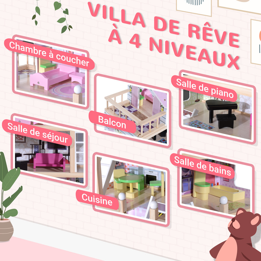 Maison de Poupée en Bois 4 Étages avec 13 Accessoires, 3+ Ans, 60x30x80 cm - Blanc et Rose | Magi Jouets