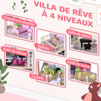 Maison de Poupée en Bois 4 Étages avec 13 Accessoires, 3+ Ans, 60x30x80 cm - Blanc et Rose | Magi Jouets