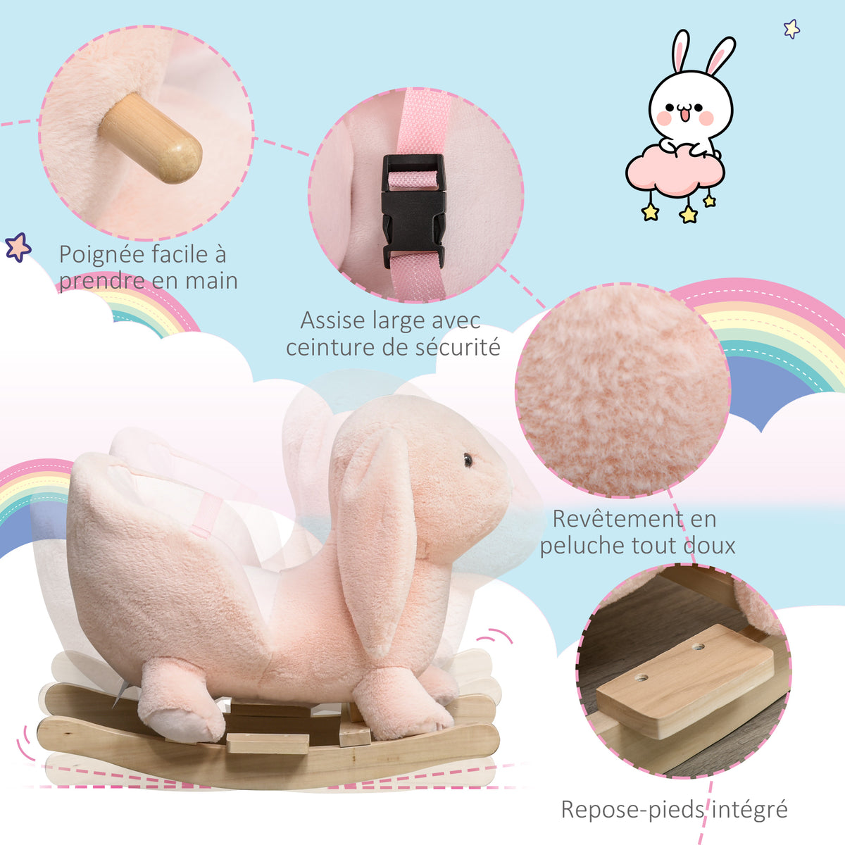 Jouet à Bascule Lapin avec Ceinture de Sécurité et Son, 18-36 Mois - Rose | Magi Jouets