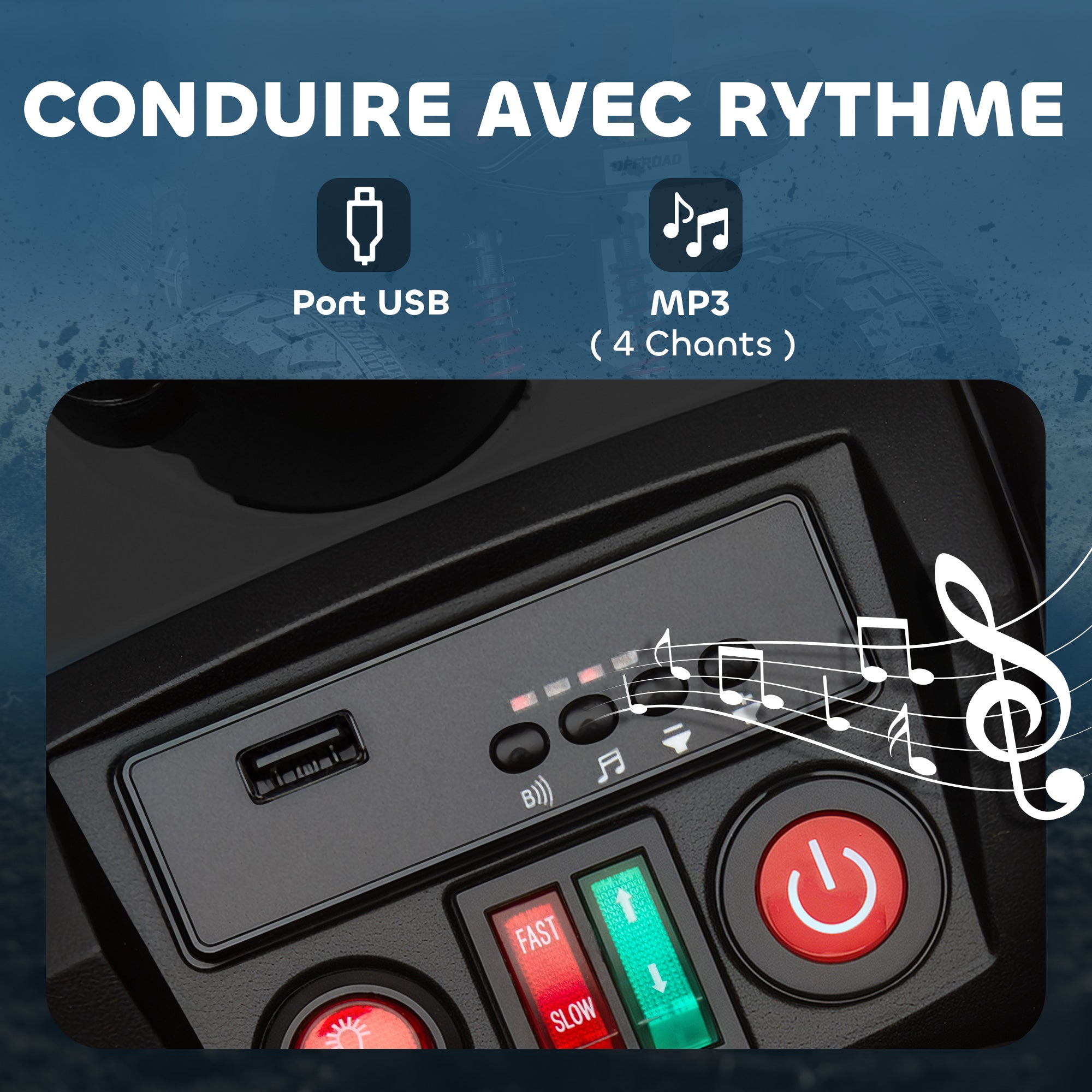 Quad électrique enfant 24V, voiture électrique enfants ATV, double moteur, phares, port USB et MP3, 109x68,5x76cm, noir