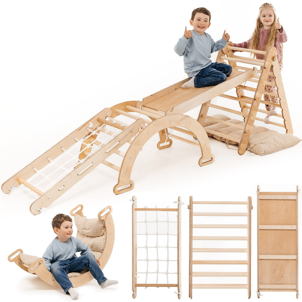 5-in-1 Montessori Klettergerüst Set: Dreieck mit Rutsche, Bogen & Netz, 1-7 Jahre - Beige | Magi Jouets