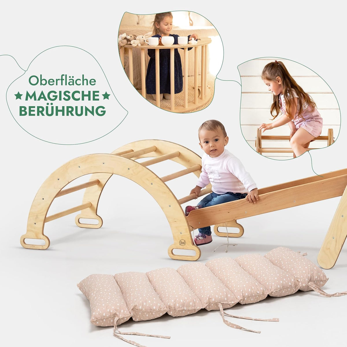5-in-1 Montessori Klettergerüst Set: Dreieck mit Rutsche, Bogen & Netz, 1-7 Jahre - Beige | Magi Jouets