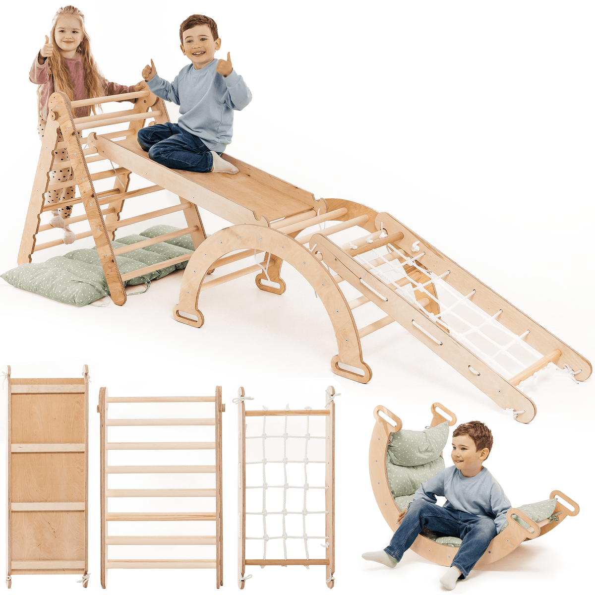 5-in-1 Montessori Klettergerüst Set: Dreieck mit Rutsche, Bogen & Netz, 1-7 Jahre - Beige | Magi Jouets