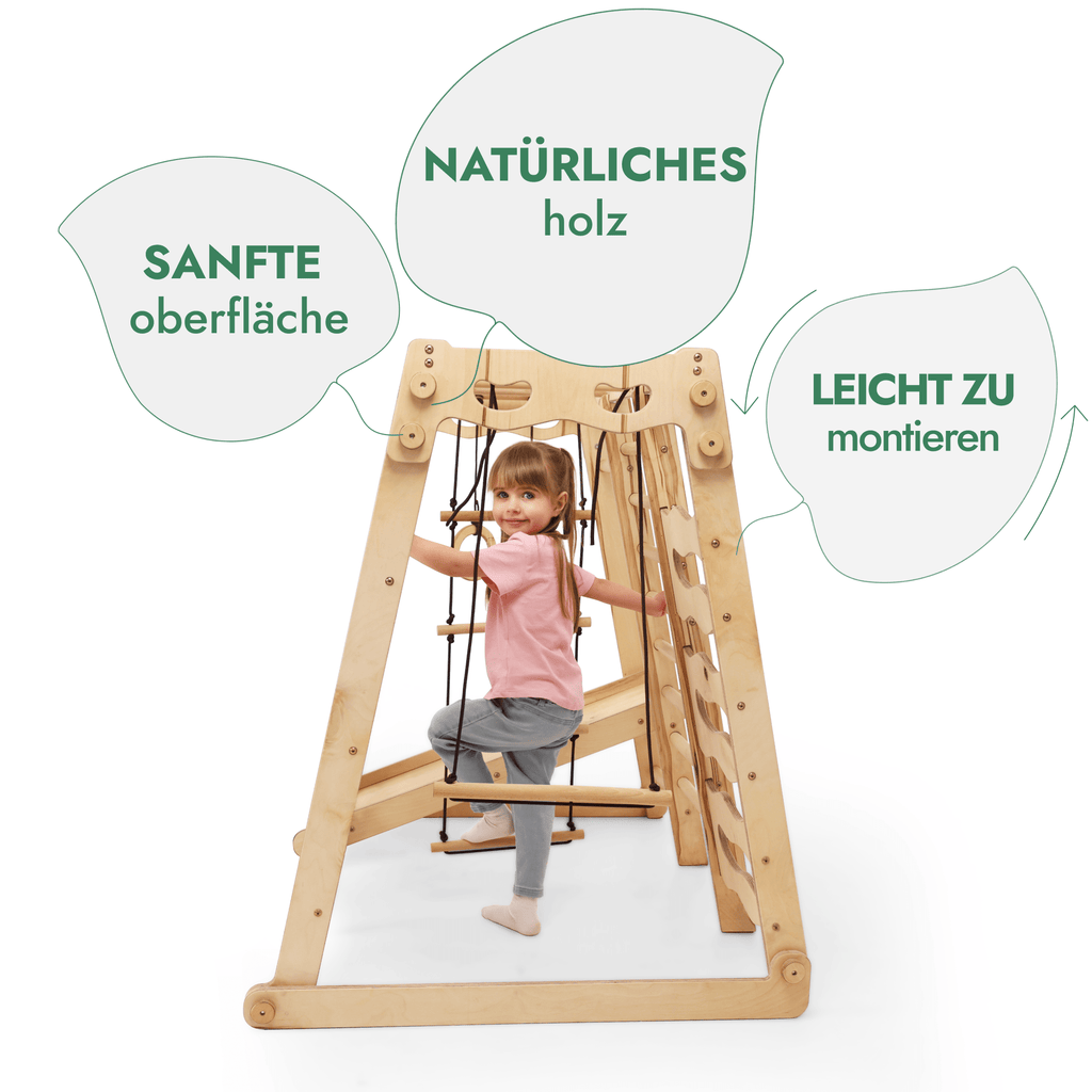 6-in-1 Indoor Spielplatz aus Holz mit Schaukel, Rutsche, Seil & Treppe | Magi Jouets