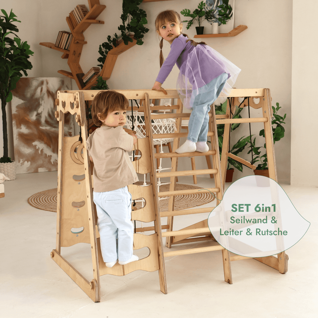 6-in-1 Indoor Spielplatz aus Holz mit Schaukel, Rutsche, Seil & Treppe | Magi Jouets