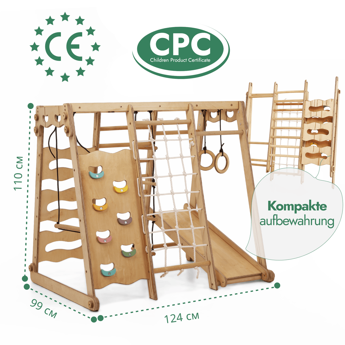 6-in-1 Indoor Spielplatz aus Holz mit Schaukel, Rutsche, Seil & Treppe | Magi Jouets