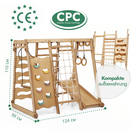 6-in-1 Indoor Spielplatz aus Holz mit Schaukel, Rutsche, Seil & Treppe | Magi Jouets