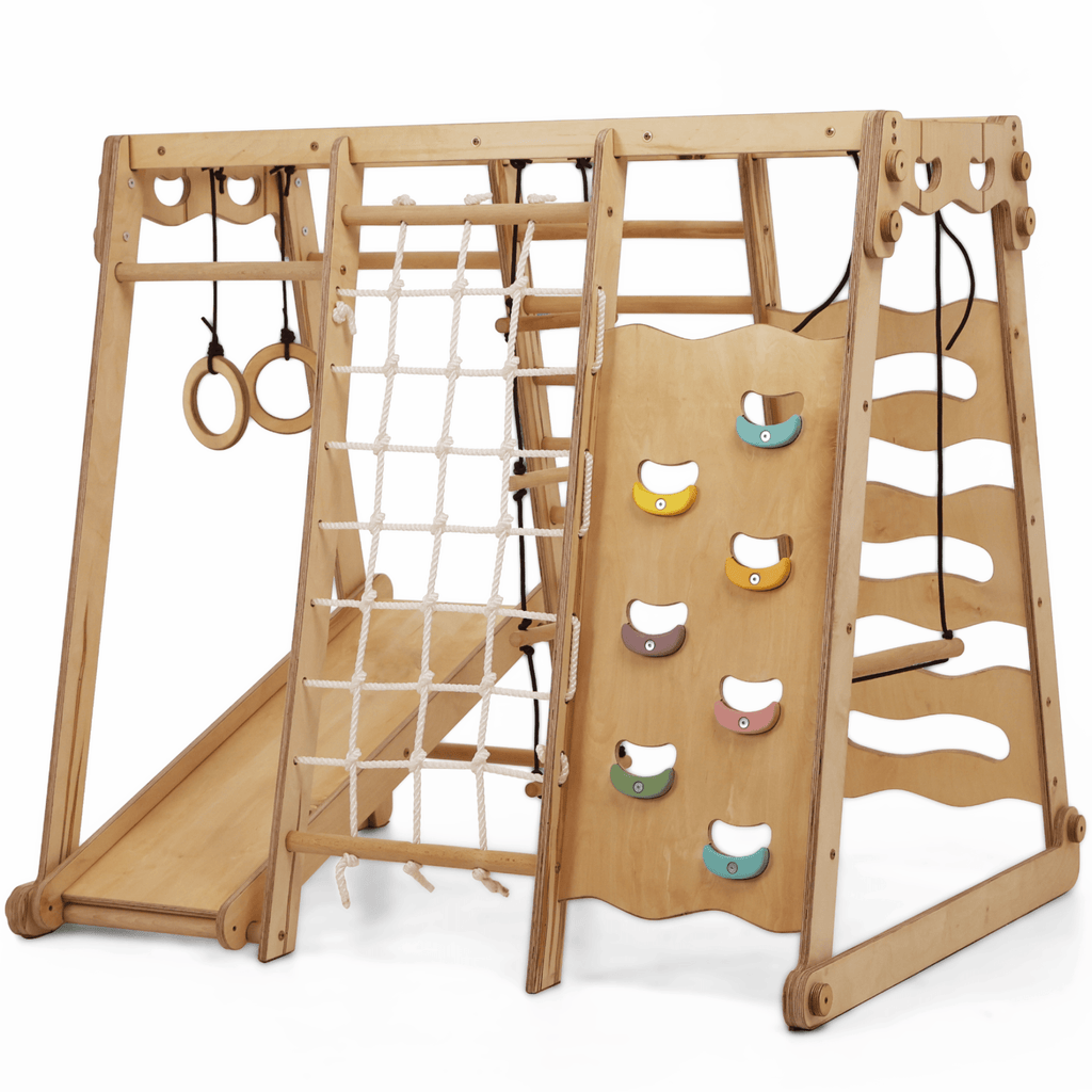 6-in-1 Indoor Spielplatz aus Holz mit Schaukel, Rutsche, Seil & Treppe | Magi Jouets