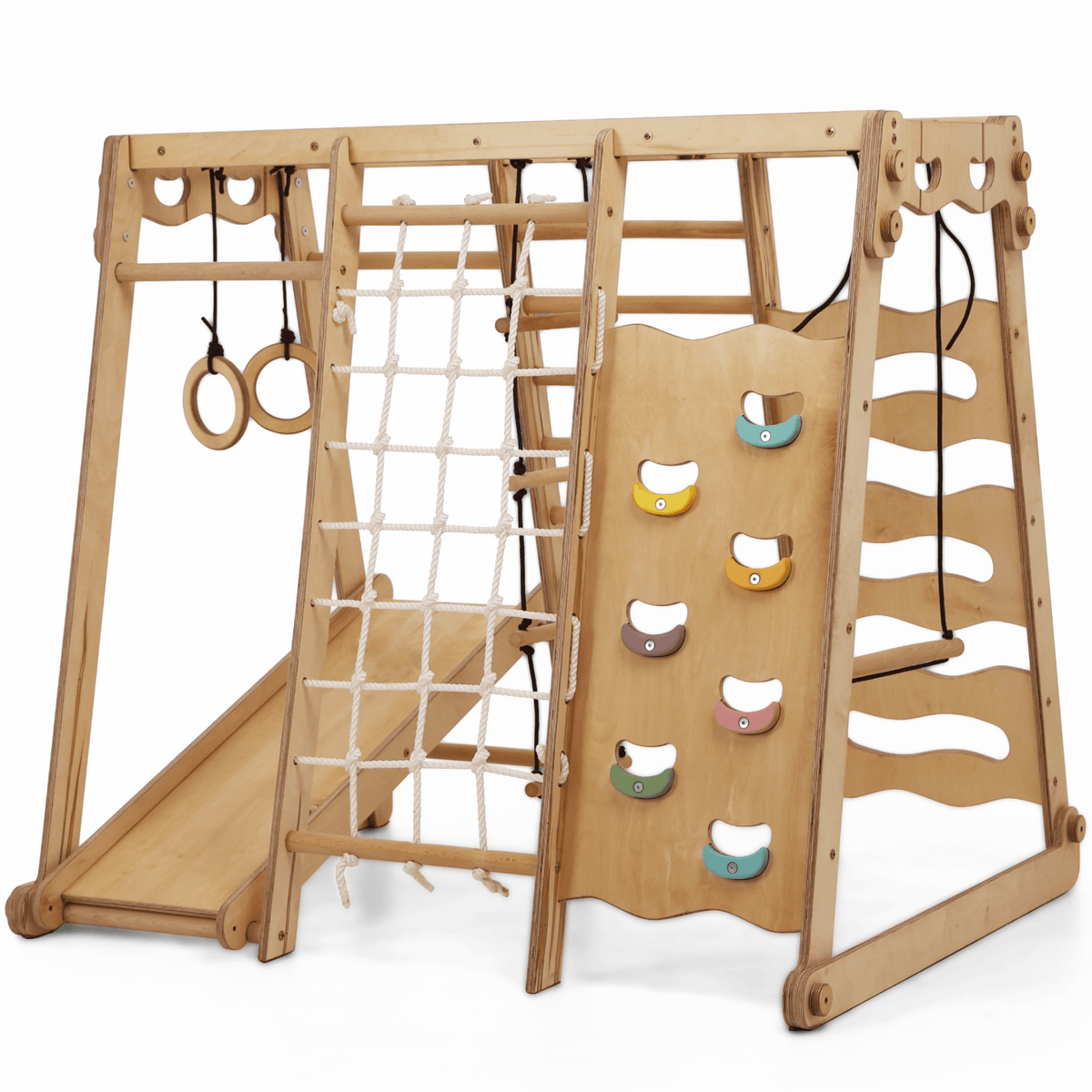 6-in-1 Indoor Spielplatz aus Holz mit Schaukel, Rutsche, Seil & Treppe | Magi Jouets
