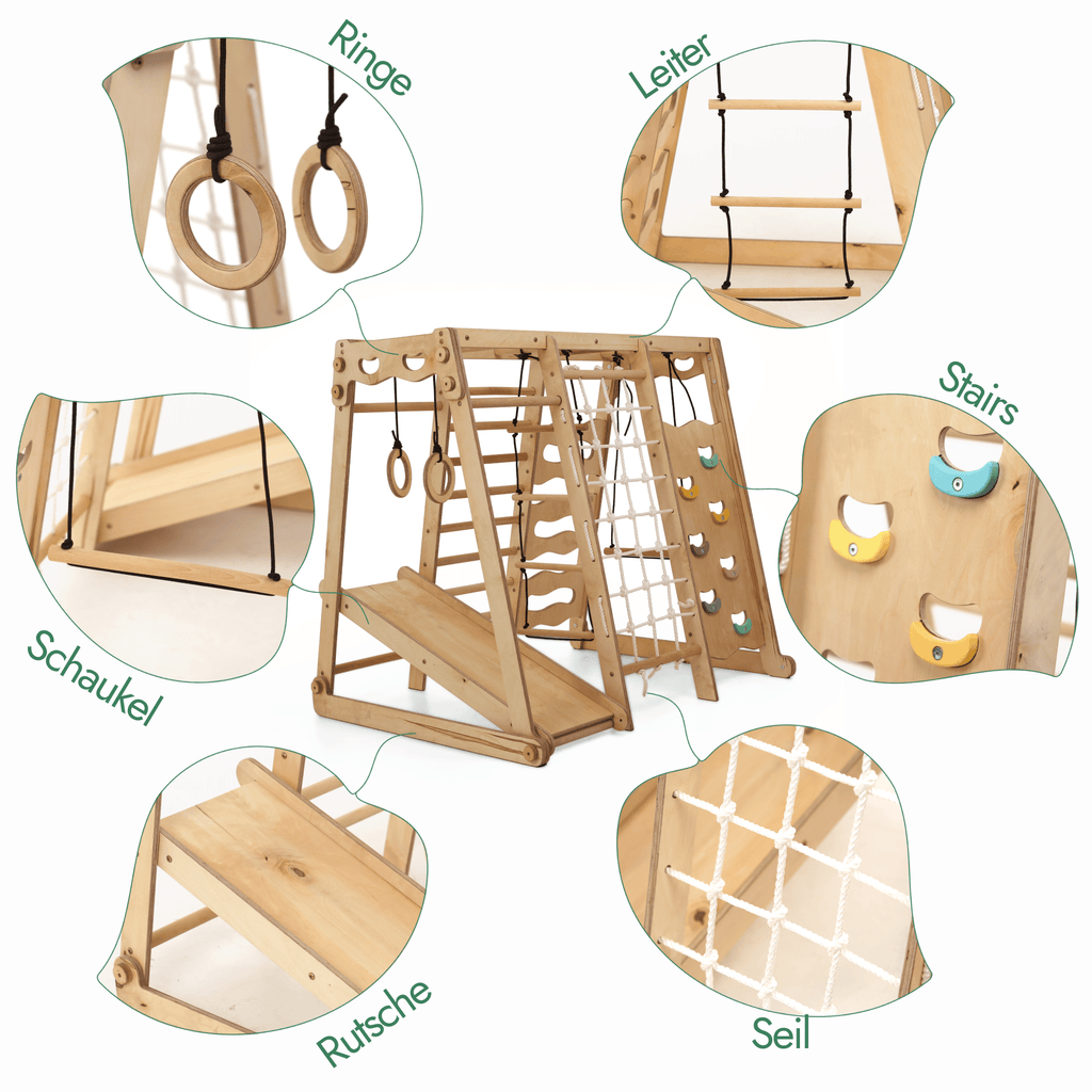 6-in-1 Indoor Spielplatz aus Holz mit Schaukel, Rutsche, Seil & Treppe | Magi Jouets