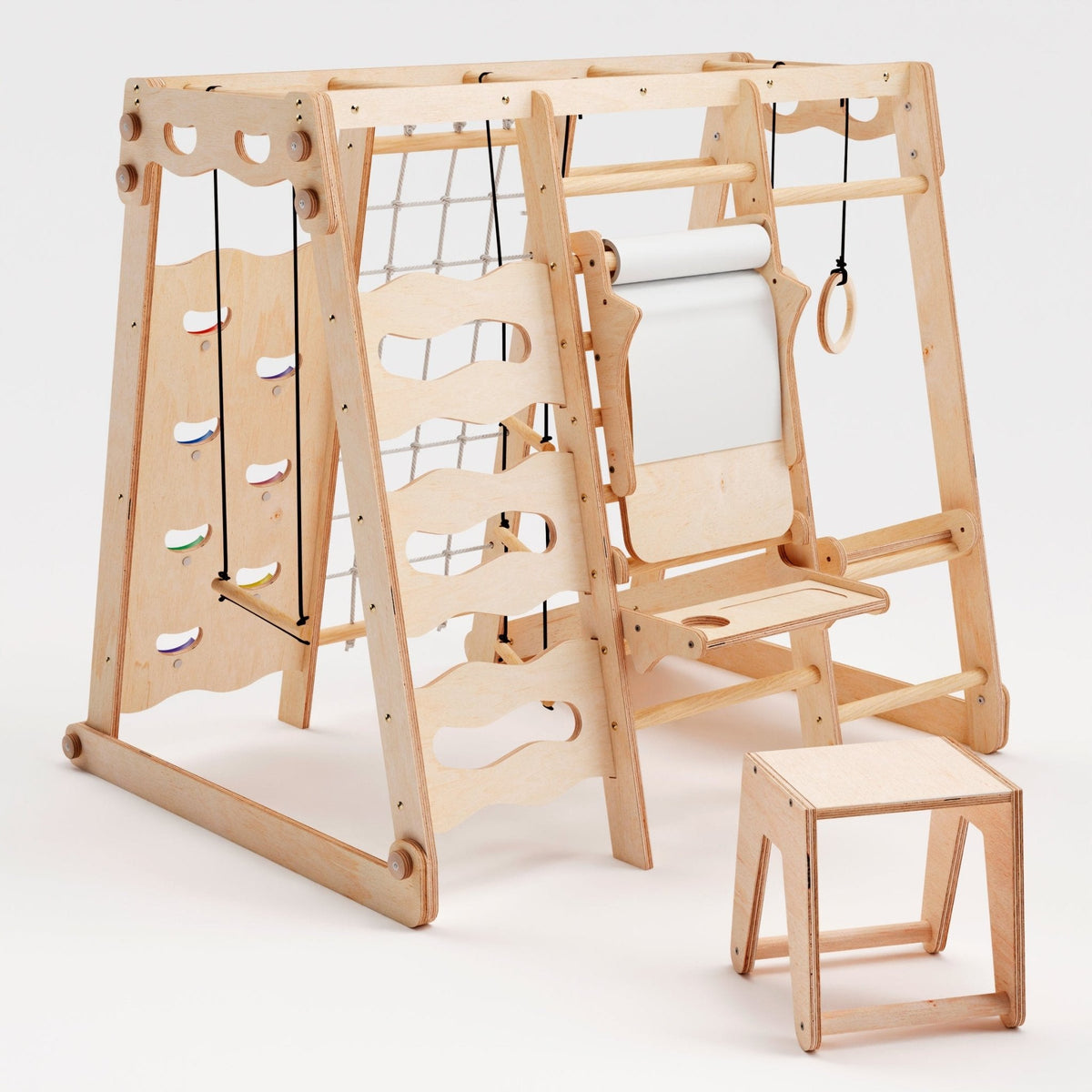 6-in-1 Indoor Spielplatz aus Holz mit Schaukel, Rutsche, Seil & Treppe | Magi Jouets