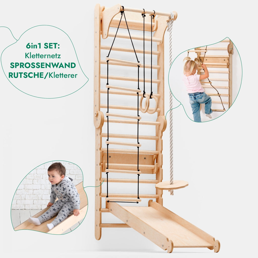 6-in-1 Kletterwand Indoor mit Sprossenwand, Ringen, Leiter, Disc-Schaukel & Rutsche | Magi Jouets