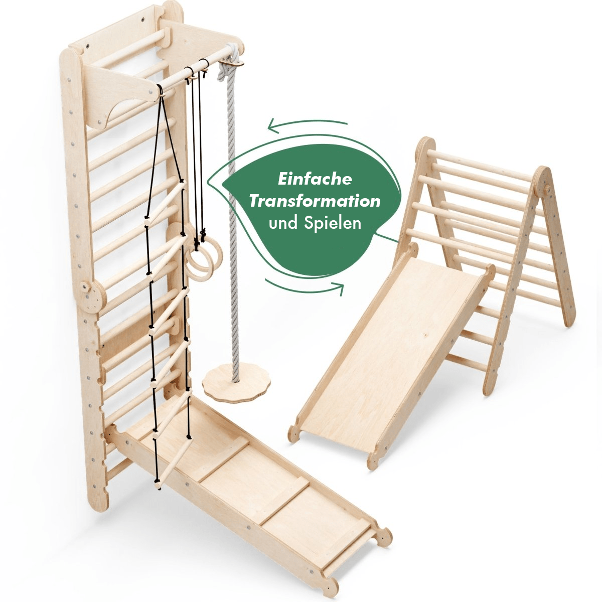 6-in-1 Kletterwand Indoor mit Sprossenwand, Ringen, Leiter, Disc-Schaukel & Rutsche | Magi Jouets