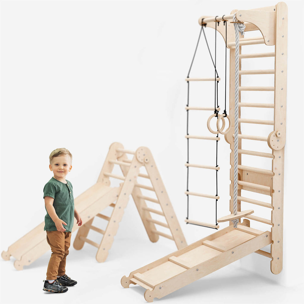 6-in-1 Kletterwand Indoor mit Sprossenwand, Ringen, Leiter, Disc-Schaukel & Rutsche | Magi Jouets