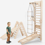 6-in-1 Kletterwand Indoor mit Sprossenwand, Ringen, Leiter, Disc-Schaukel & Rutsche | Magi Jouets