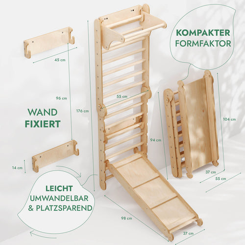 6-in-1 Kletterwand Indoor mit Sprossenwand, Ringen, Leiter, Disc-Schaukel & Rutsche | Magi Jouets