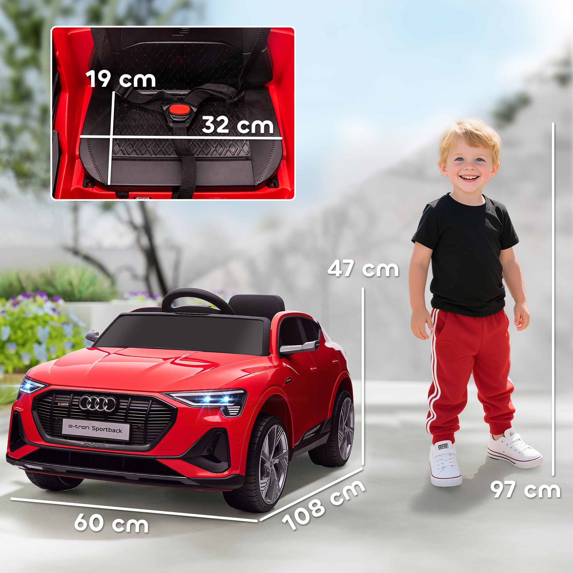 Voiture électrique enfants sous Licence Audi e-tron Sportback, véhicule électrique 12V Max. 5 Km/h avec télécommande 2,4G, phares LED, musique, klaxon, port USB, MP3, rouge