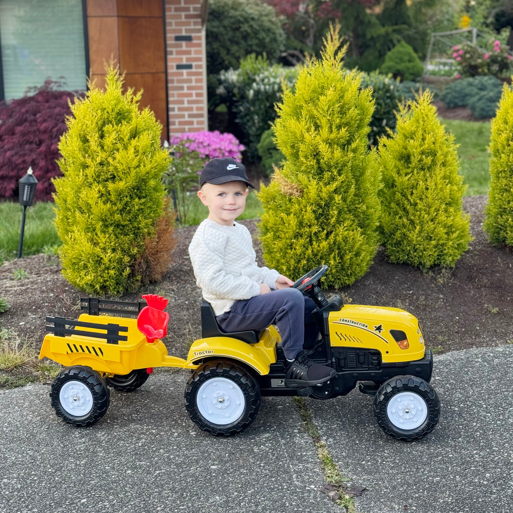 Porteur Tracteur Enfants avec Remorque, Râteau et Pelle, 6 Roues, 3+ Ans - Jaune | Magi Jouets