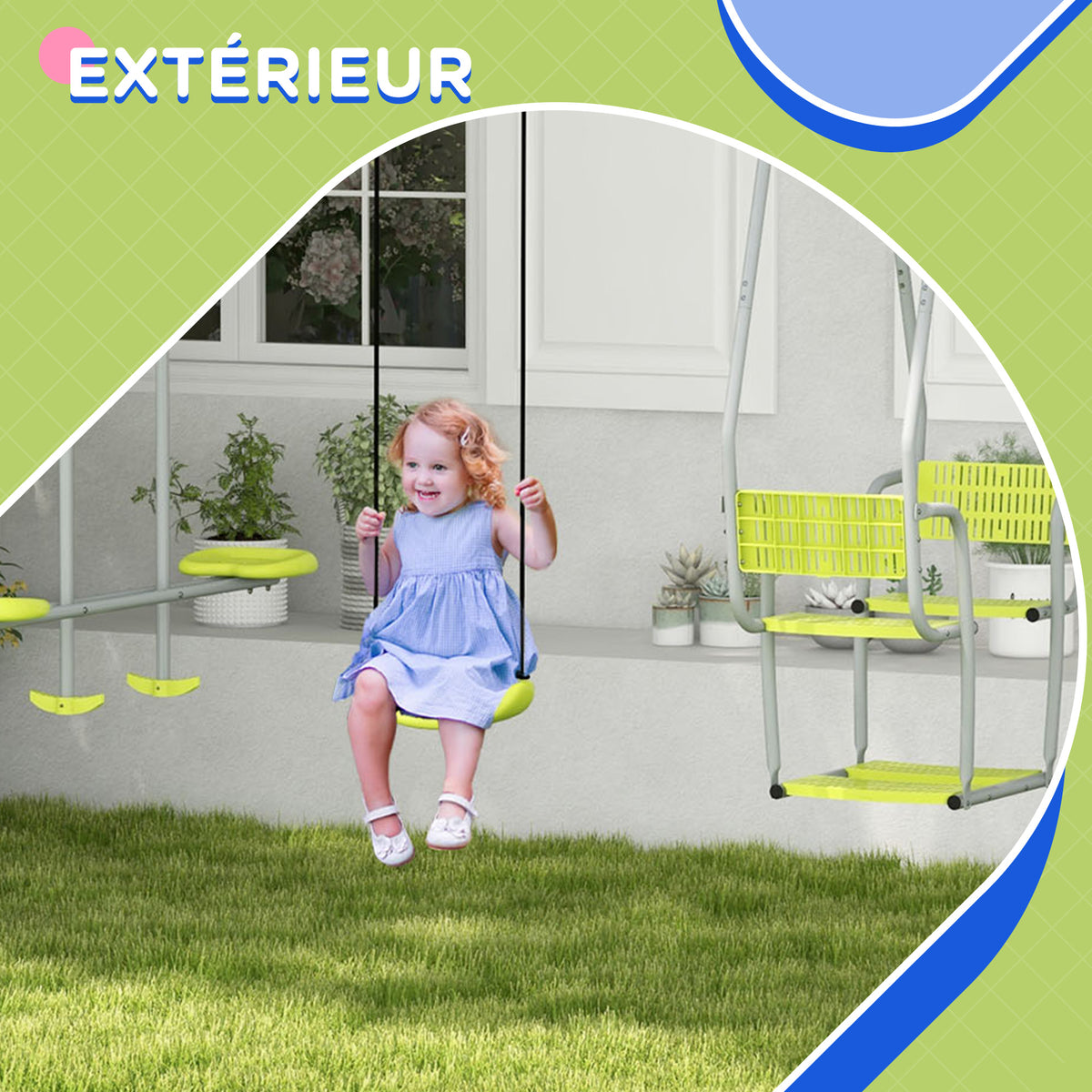 Portique Balançoire Enfant 3 en 1 avec Vis-à-Vis et Siège, Charge Max 225 kg - Vert | Magi Jouets
