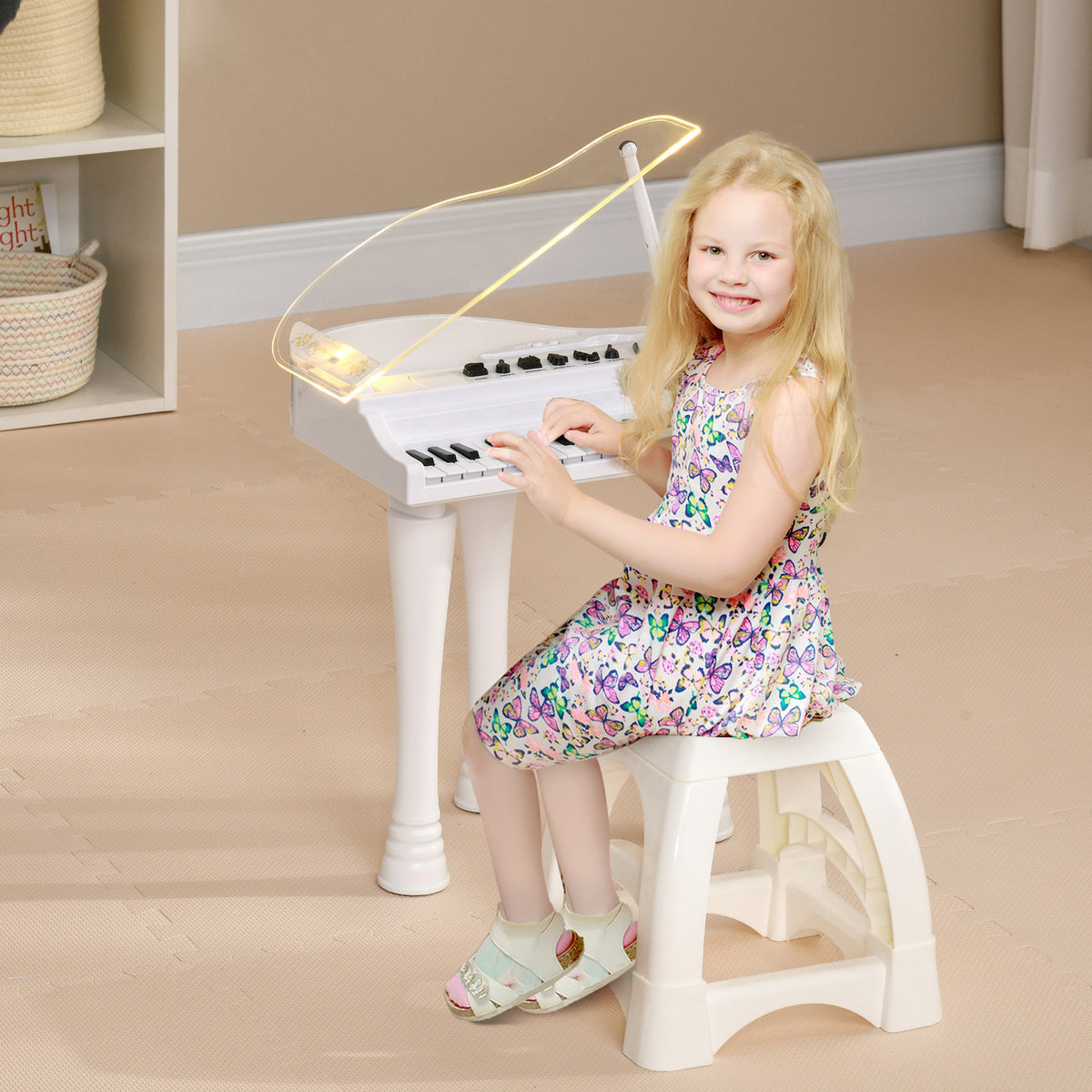Piano Enfant Électronique 32 Touches avec Tabouret et Couvercle LED - Blanc | Magi Jouets