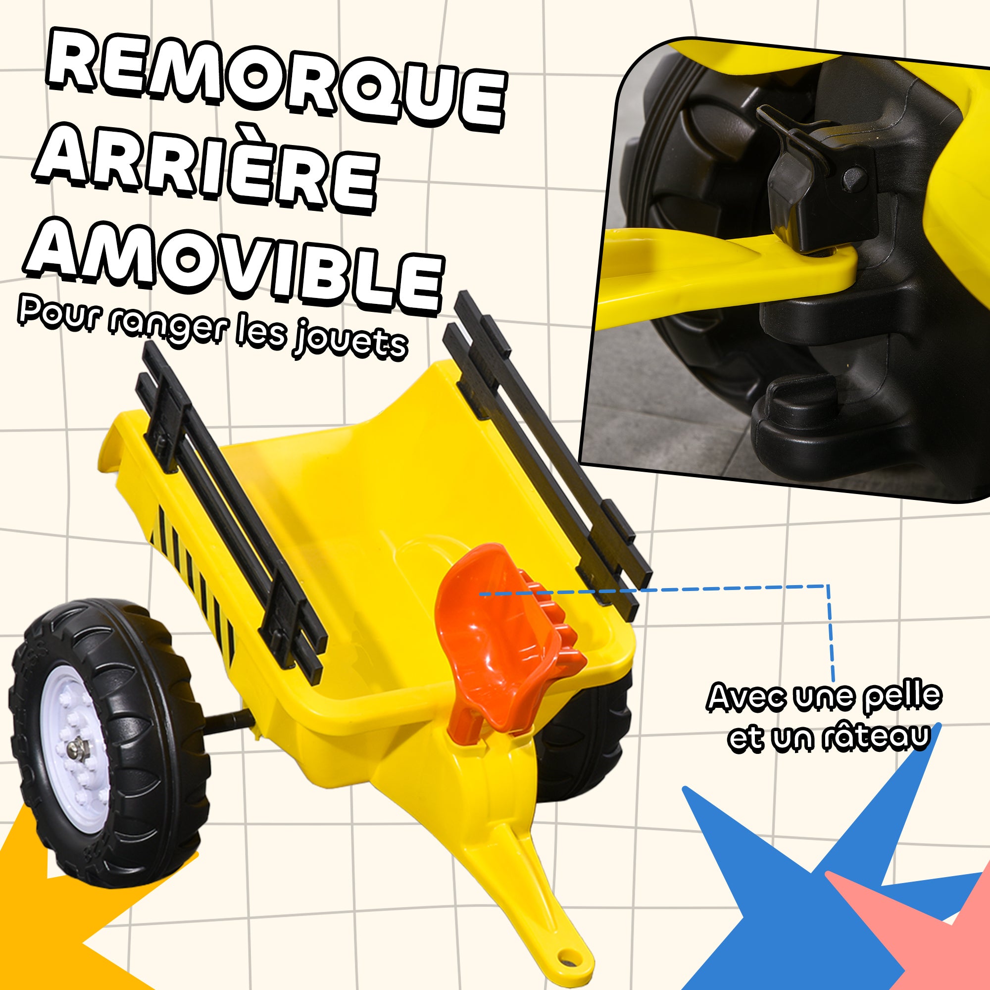 Porteur Tracteur Enfants avec Remorque, Râteau et Pelle, 6 Roues, 3+ Ans - Jaune | Magi Jouets