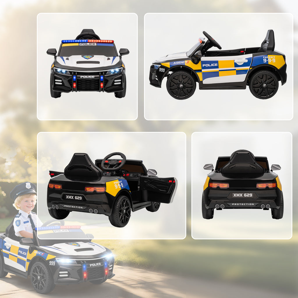 Voiture électrique de police enfant 12V, double moteur, télécommande, USB, MP3, musique & klaxon, multicolore