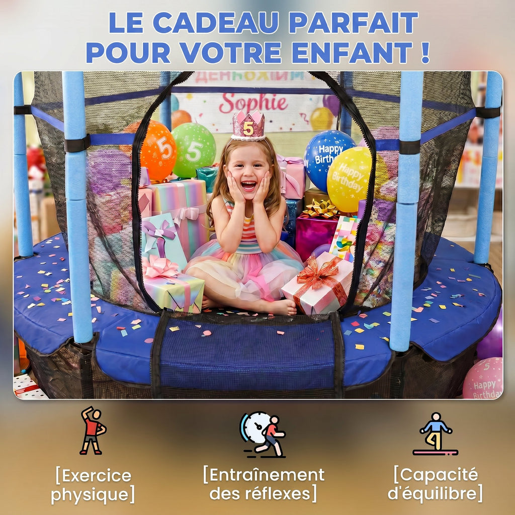 Trampoline Enfant Ø1,63 m avec Filet de Sécurité et Porte Zippée - Bleu | Magi Jouets