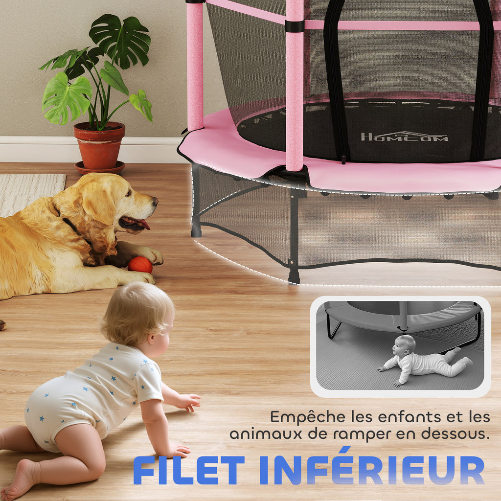 Trampoline Enfant Ø 1,40 × 1,90H m Filet de sécurité Porte zipée Couvre-Ressorts 6 poteaux rembourrés Inclus Rose