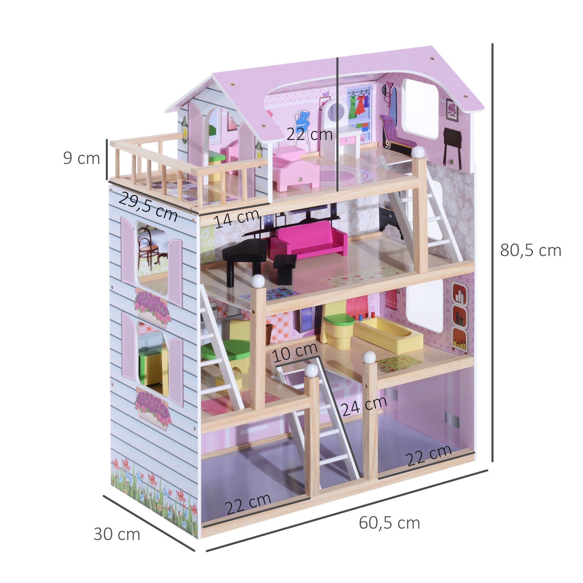 Maison de Poupée en Bois 4 Étages avec 13 Accessoires, 3+ Ans, 60x30x80 cm - Blanc et Rose | Magi Jouets